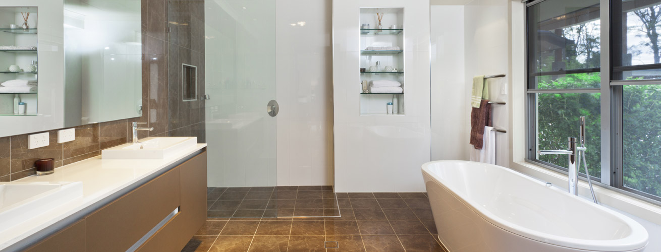 Totally renovated, high-end bathroom using a modern interior design.